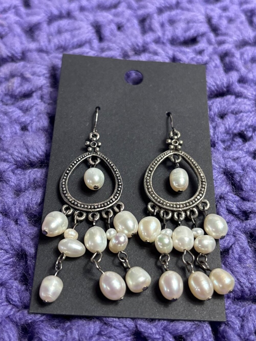 Silvertone Teardrop Dangle Earrings Freashwater Pearls 2.25 inches